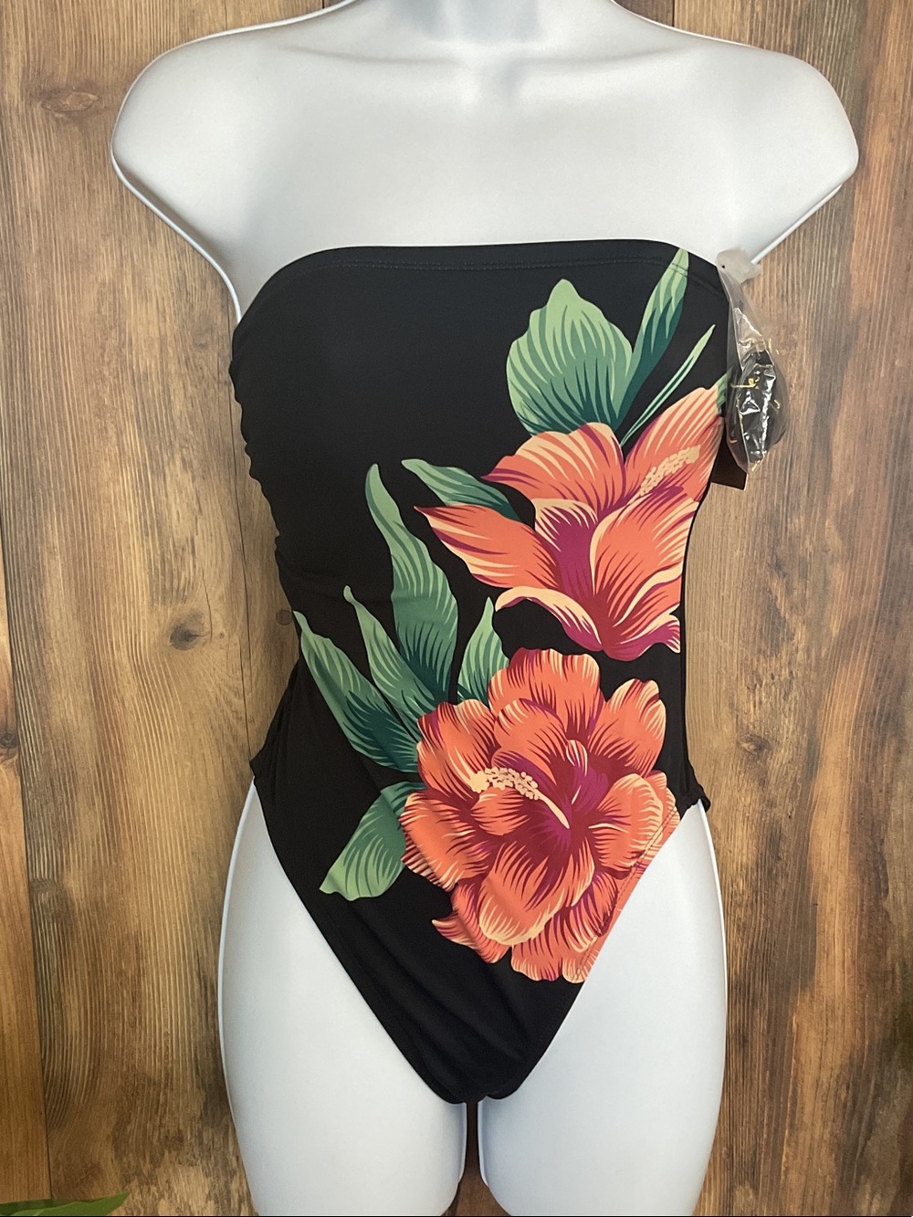 Shade & Shore Black Strapless One-Piece with Orange Floral Detail NWT XS